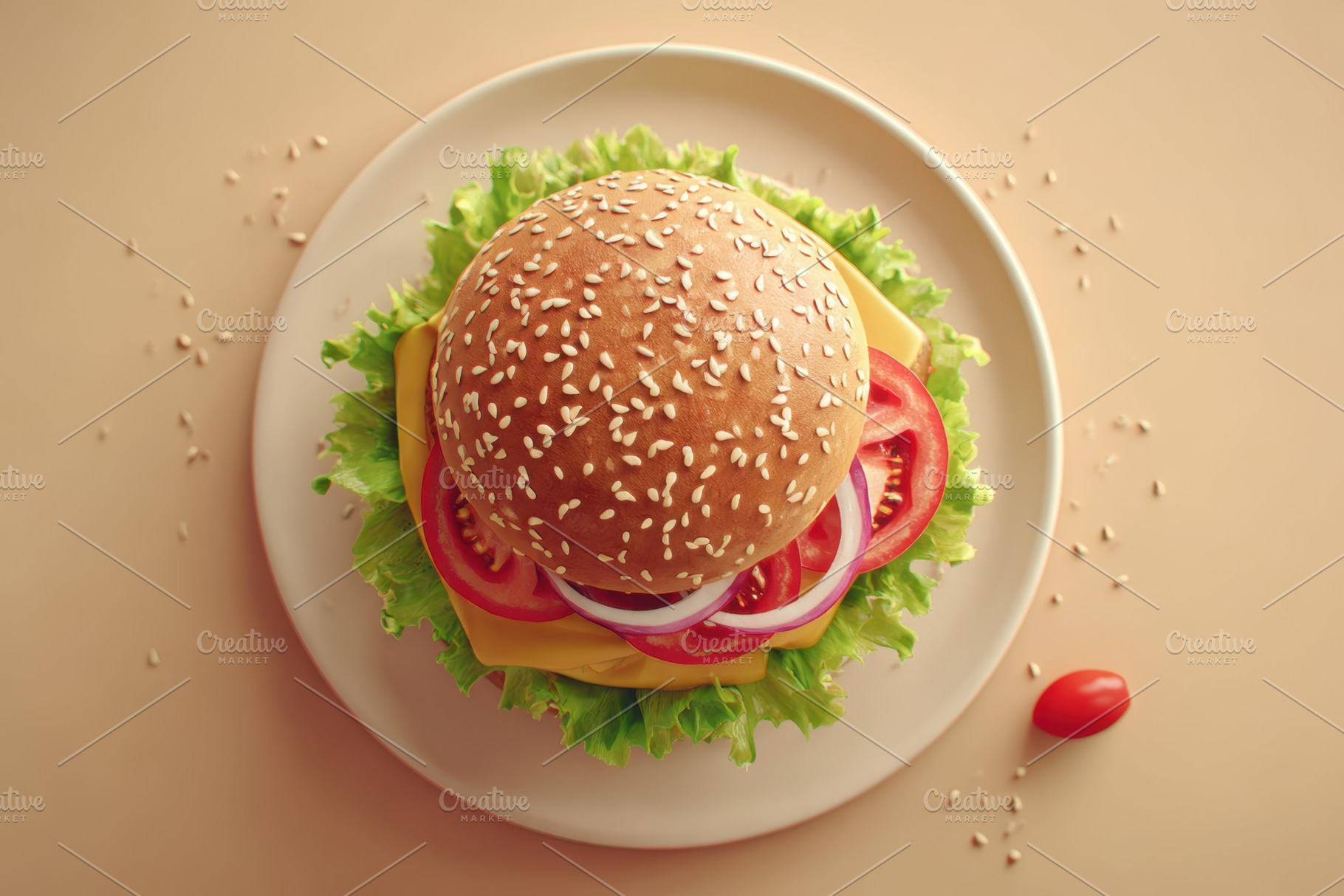 Delicious cheeseburger with fresh toppings, a Food & Drink Photo by AlyaAnd