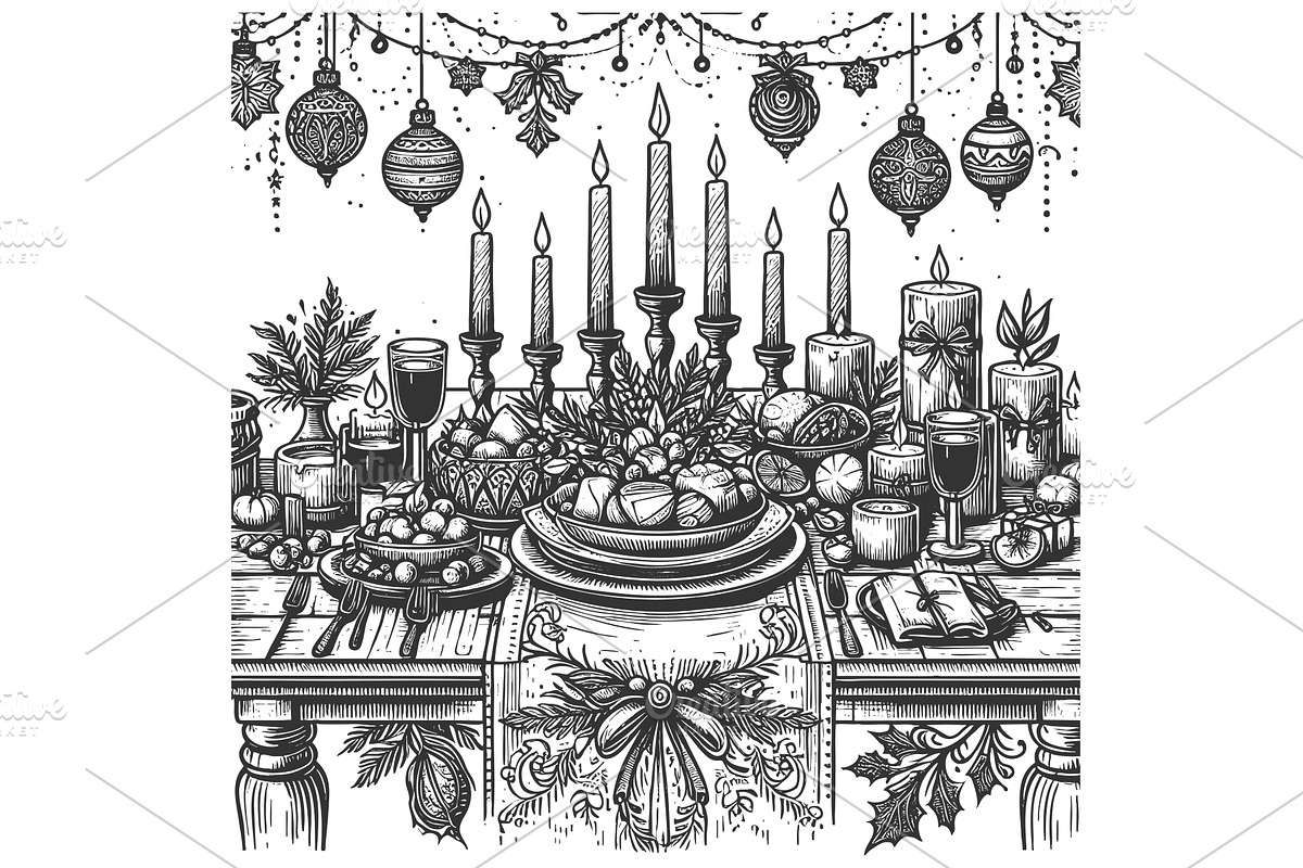 festive dining table with candles, an Illustration by AlexArt