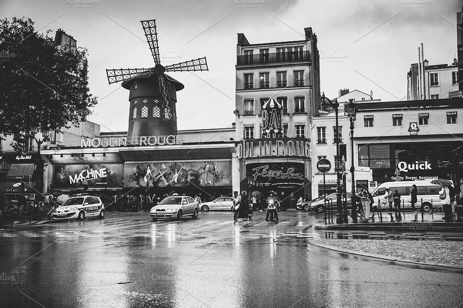 Paris Moulin Rouge Bw Stock Photo Containing Famous Place And France