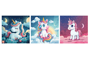 Cartoon Unicorns In Clouds