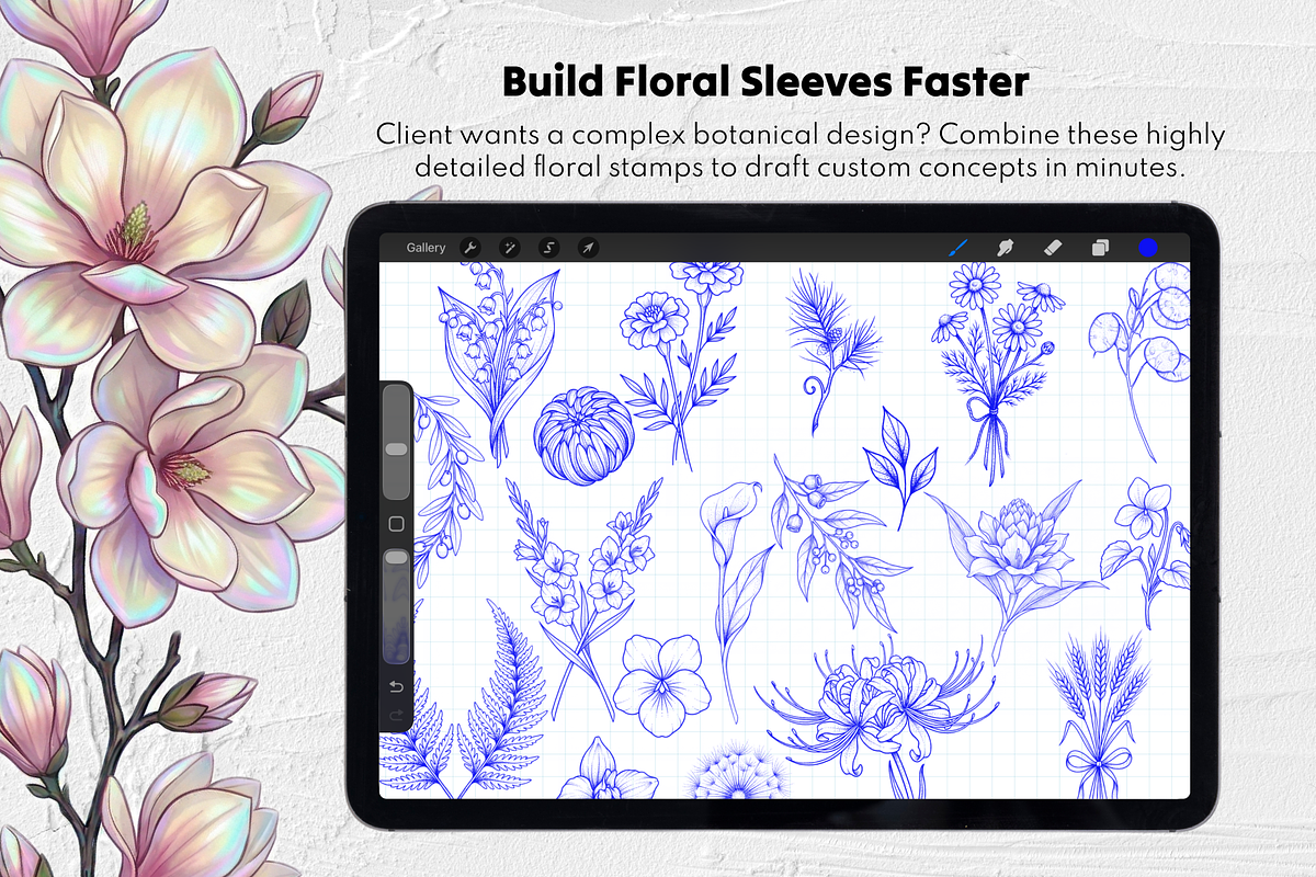 250 Floral Tattoo Procreate Stamps, a Brush Add-On by Selentaori Studio (Photo 6 of 11)