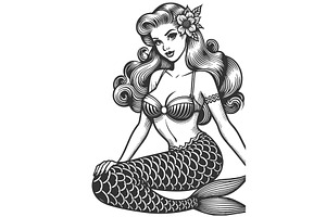 mermaid with flowing hair engraving, a Person Illustration by AlexArt