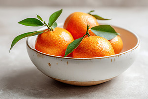 Mandarins arranged in a rustic bowl with green leaves showcasing vibrant color, a Food & Drink Photo by AlyaAnd