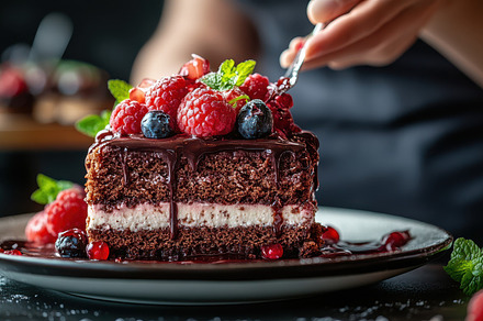 Delicious chocolate cake slice toppe, a Background Photo by Pixeness