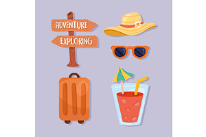 five travel vacations icons, an Object Illustration by studiogstock