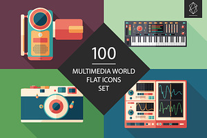 100 Multimedia world flat icons set