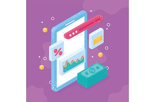 smartphone money isometric, a Technology Illustration by studiogstock