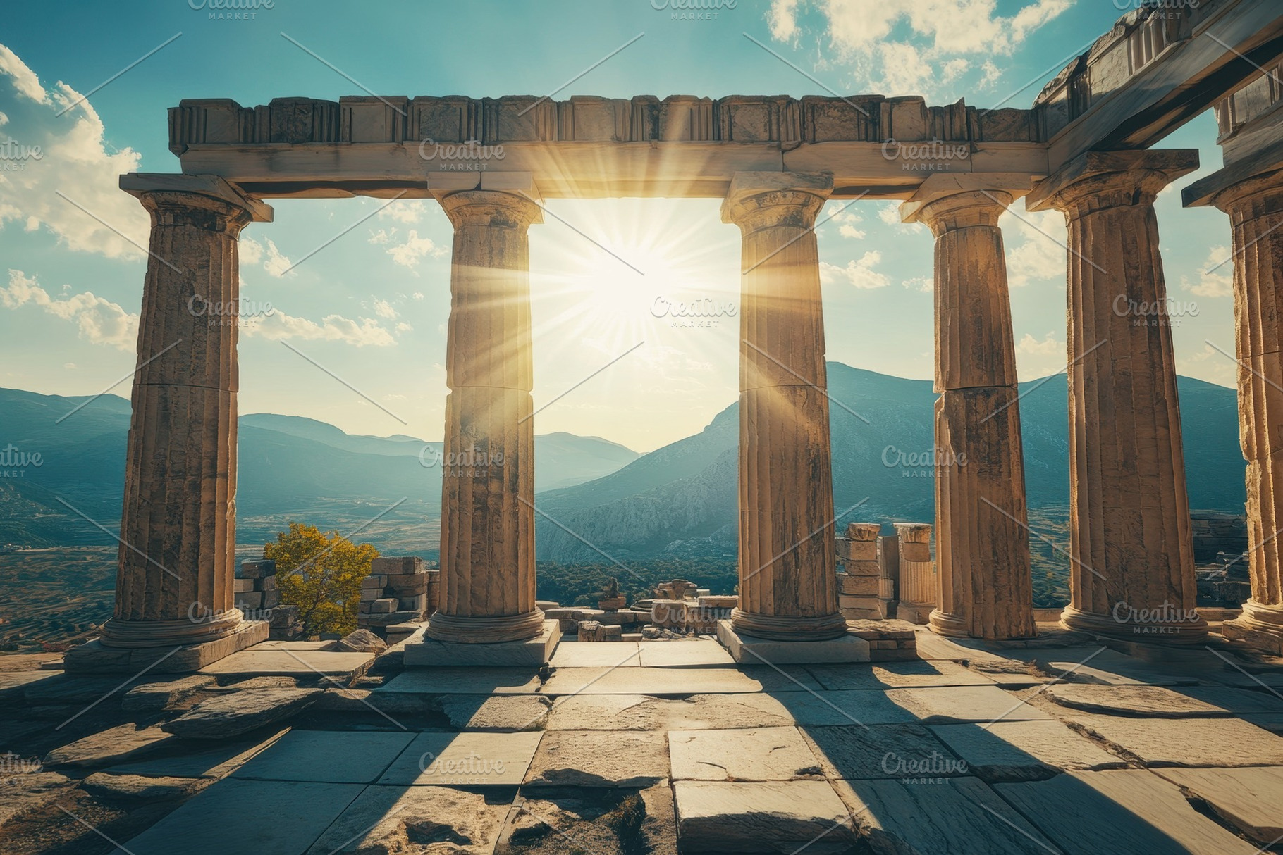 Sunlight streaming in Greek temple, a Photo by Pavel_design