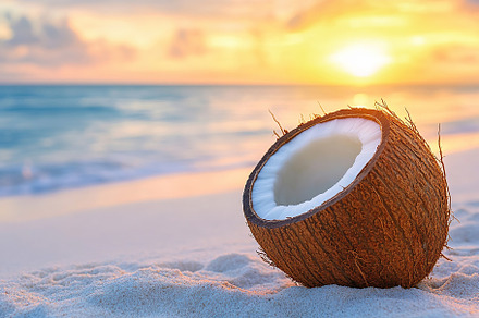 Fresh coconut on sandy beach on seaside background, a Food & Drink Photo by AlyaAnd