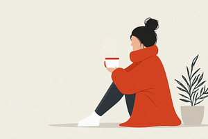 Woman in a cozy red sweater sits on, a Person Photo by MistyDay