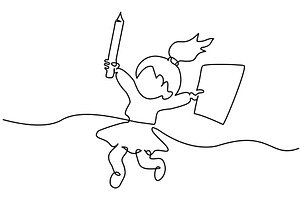 Happy small girl pupil jumping with, a Person Illustration by Valenty