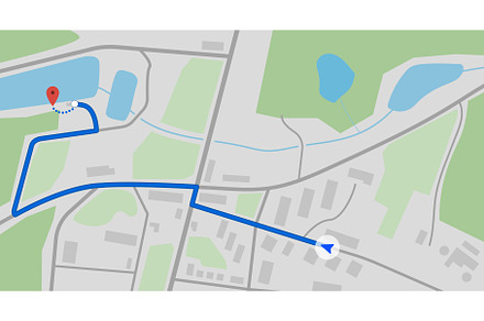 City map with arrow and route pin