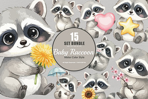 15 Bundle Watercolor Baby Raccoon, an Animal Illustration by Morspective