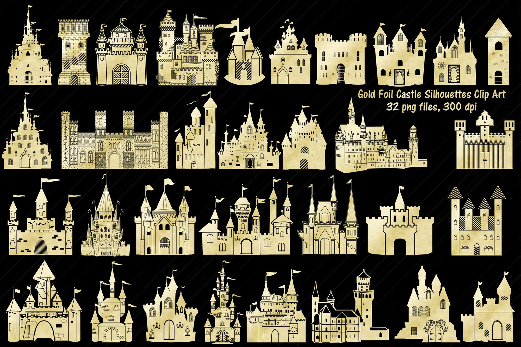 Gold Foil Castle Clip Art, an Illustration by FrankiesDaughtersDesign