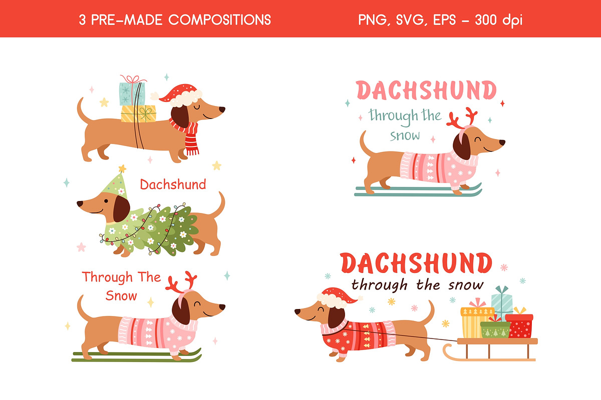 Christmas Dachshunds Collection, a Seasonal Illustration by JulzaArt (Photo 4 of 10)