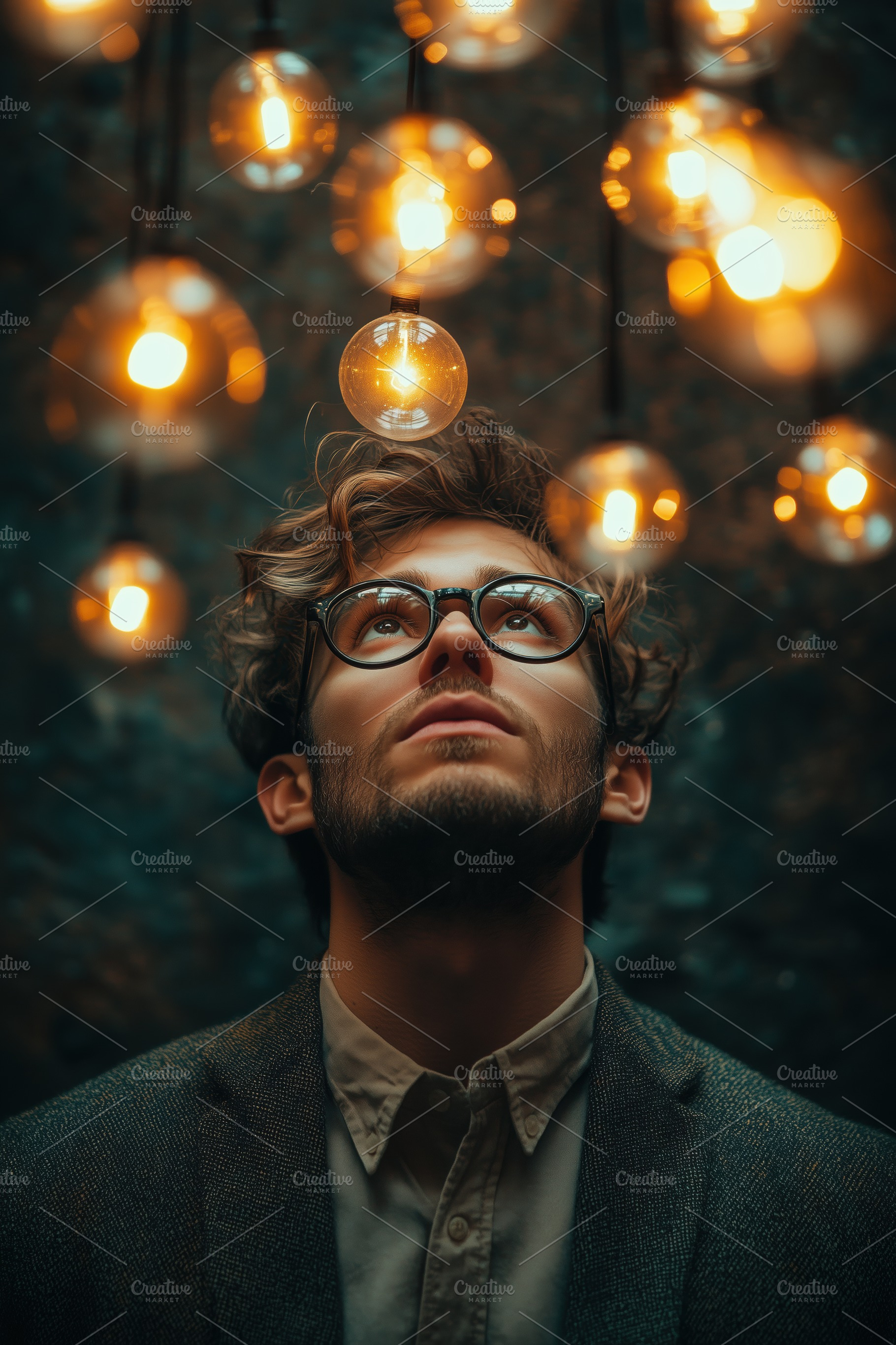 A young cognitive psychologist man with glasses gazes upwards, surrounded by gl, a Person Photo by Textures & Backgrounds