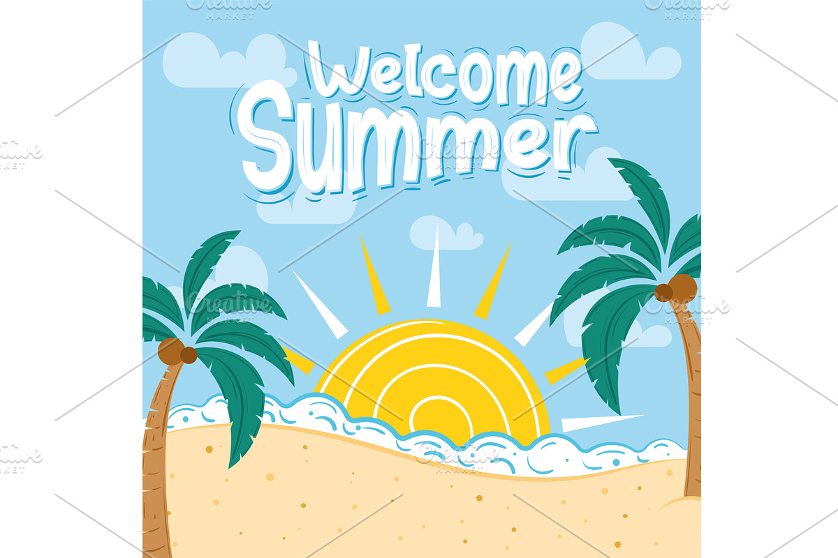 Welcome summer poster with sun, palm, an Illustration by studioDK