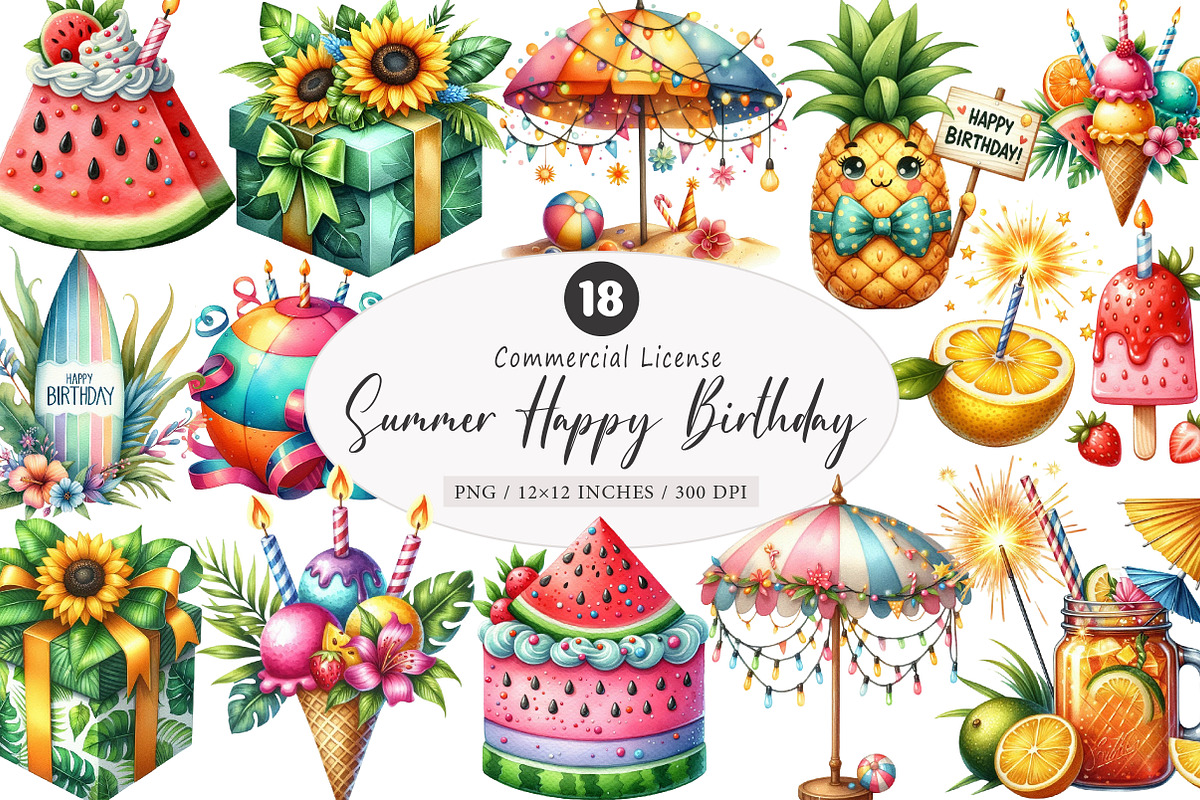 Summer Happy Birthday Clipart, an Illustration by SinaCreation (Photo 1 of 5)
