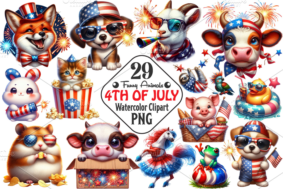 4th Of July Cute Funny Animals PNG, an Animal Illustration by RobertsArt (Photo 1 of 7)