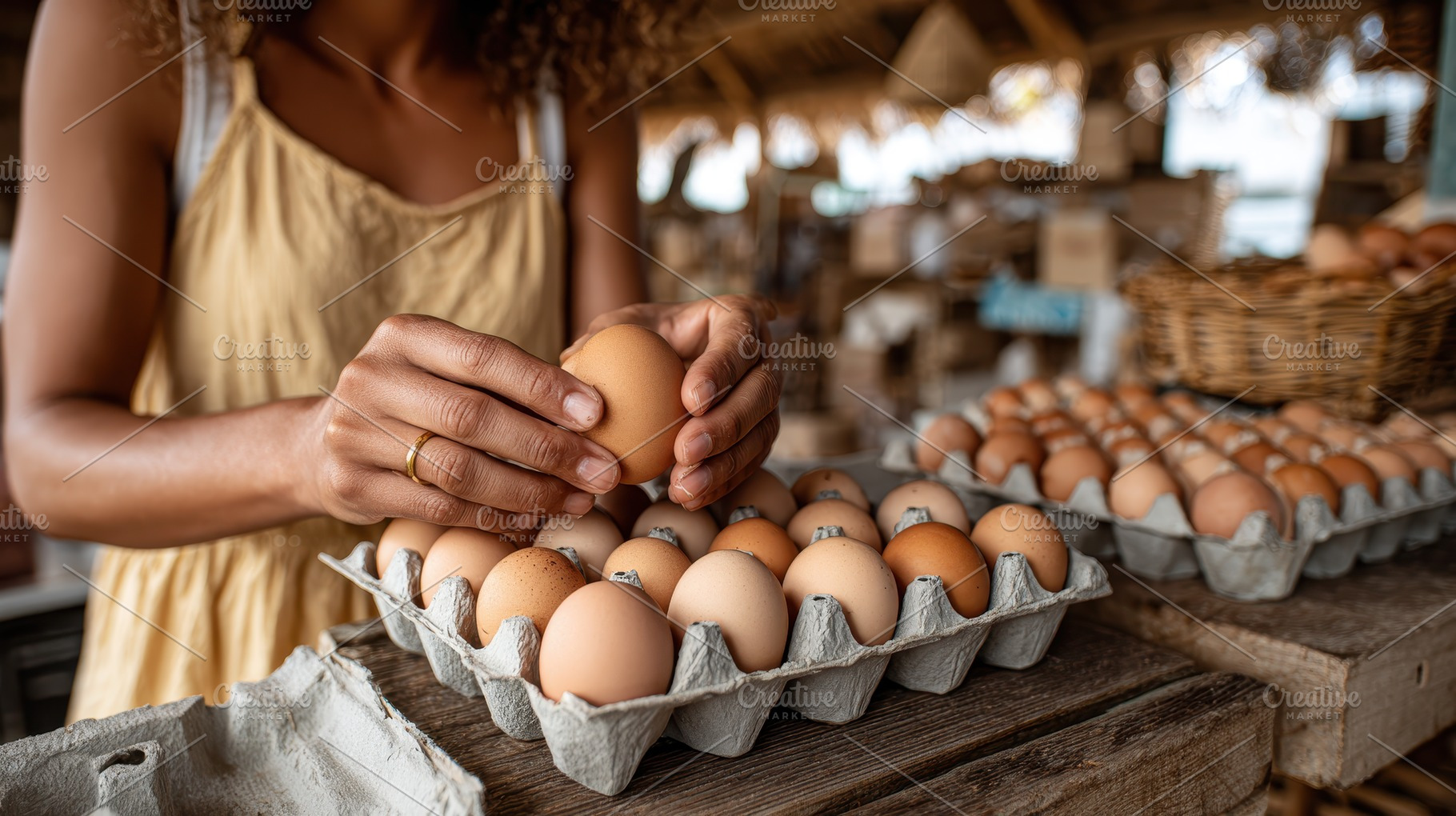 Woman placing brown eggs in carton f, a Photo by Pixeness Studio