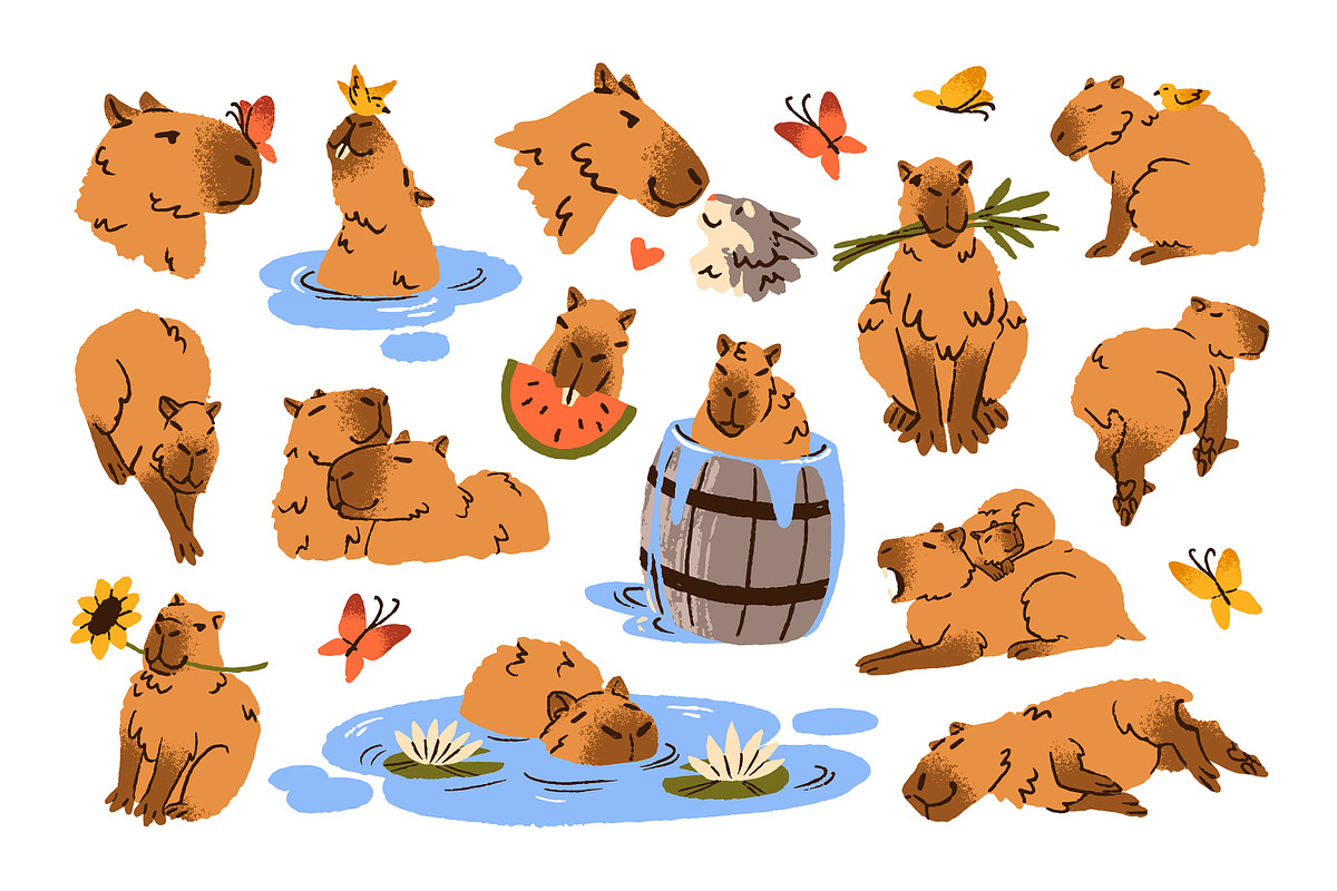 Cute capibaras set, stickers, cards, an Animal Illustration by PaperTrident (Photo 1 of 7)
