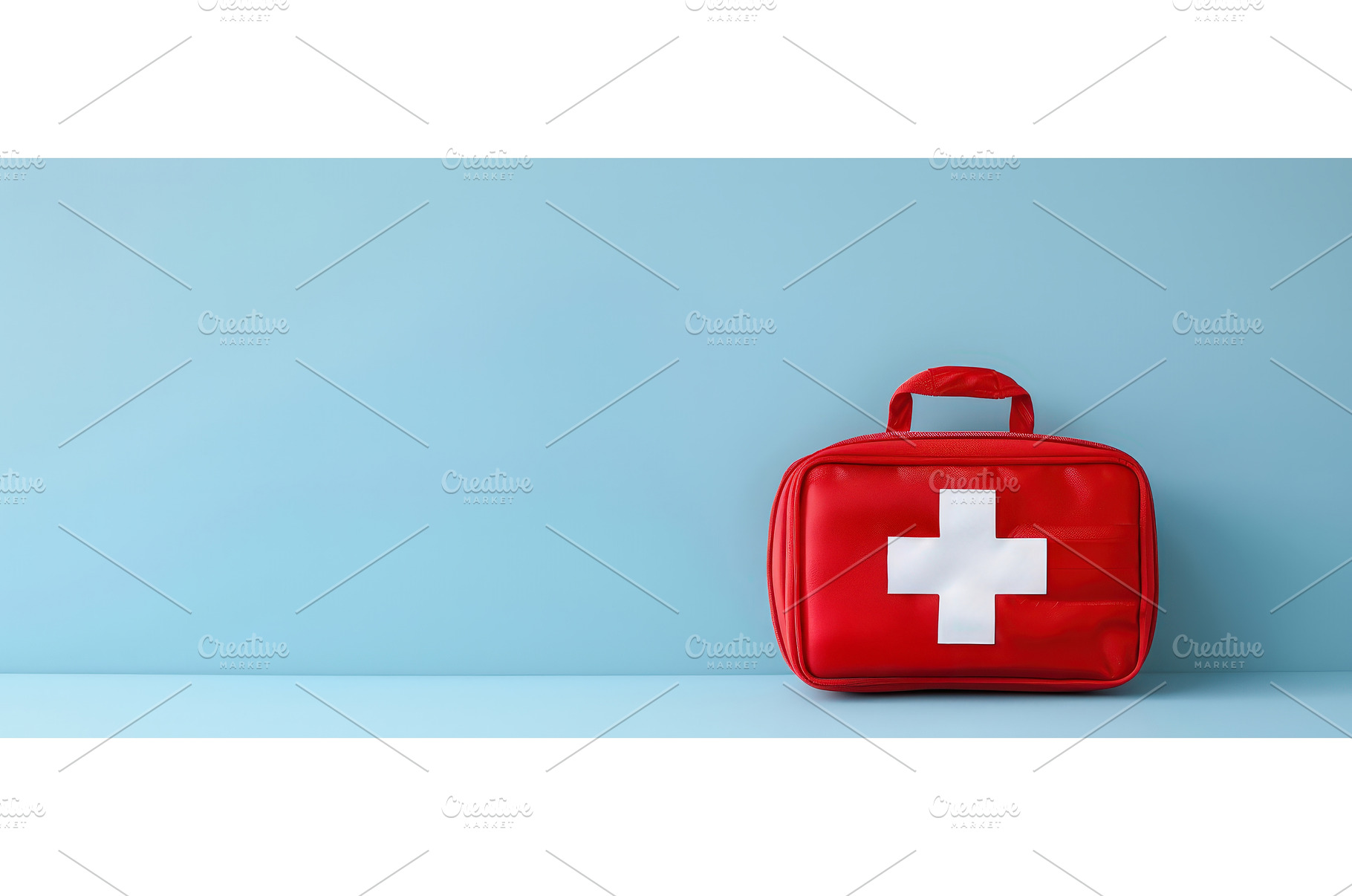 Red first aid kit on blue background, a Health & Medical Photo by piter.goskov