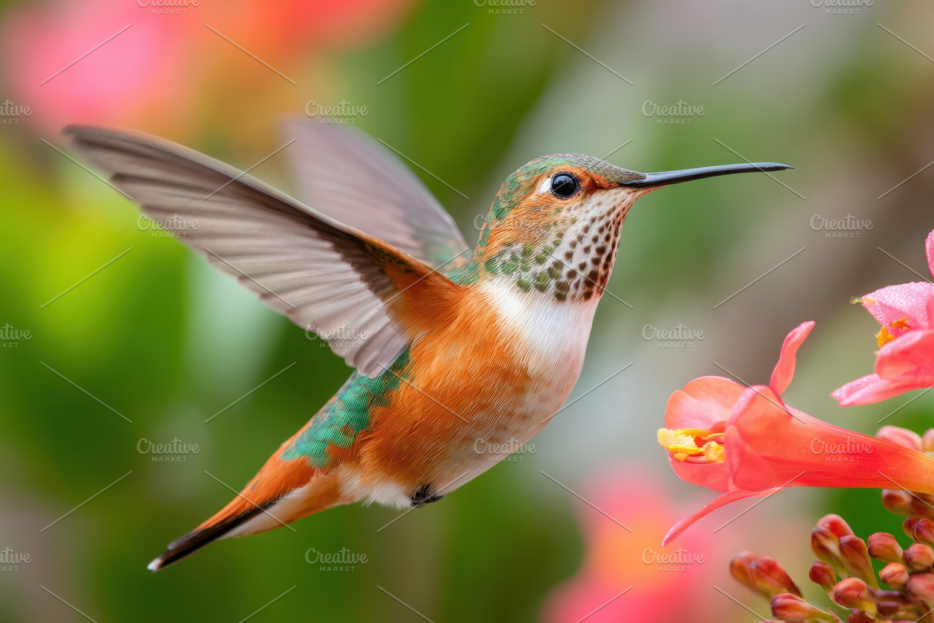 Vibrant hummingbird hovering near flowers, an Animal Photo by AlyaAnd