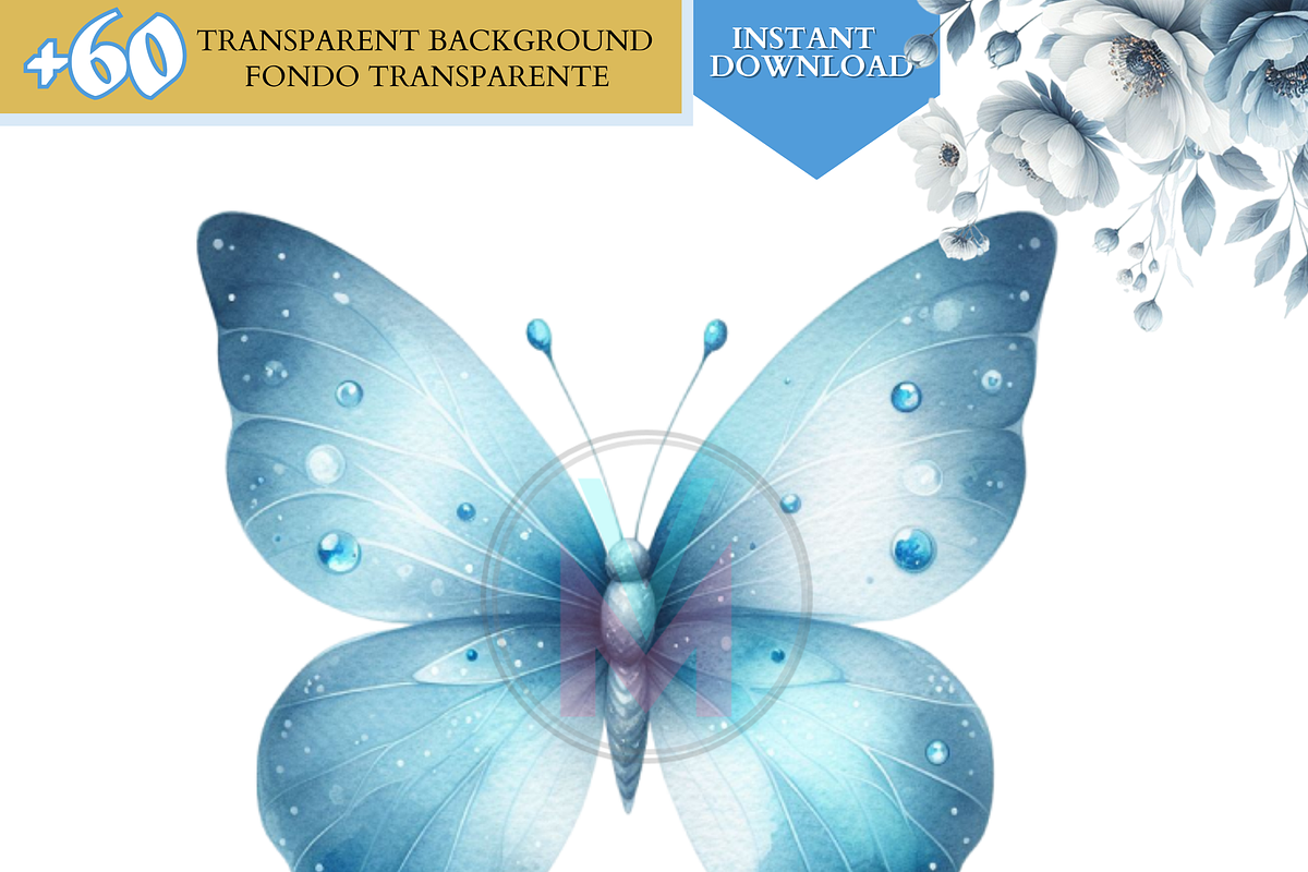 Watercolor Blue butterflies clipart, a Decorative Illustration by VM PARTYS  BY TAIRUMA (Photo 4 of 8)