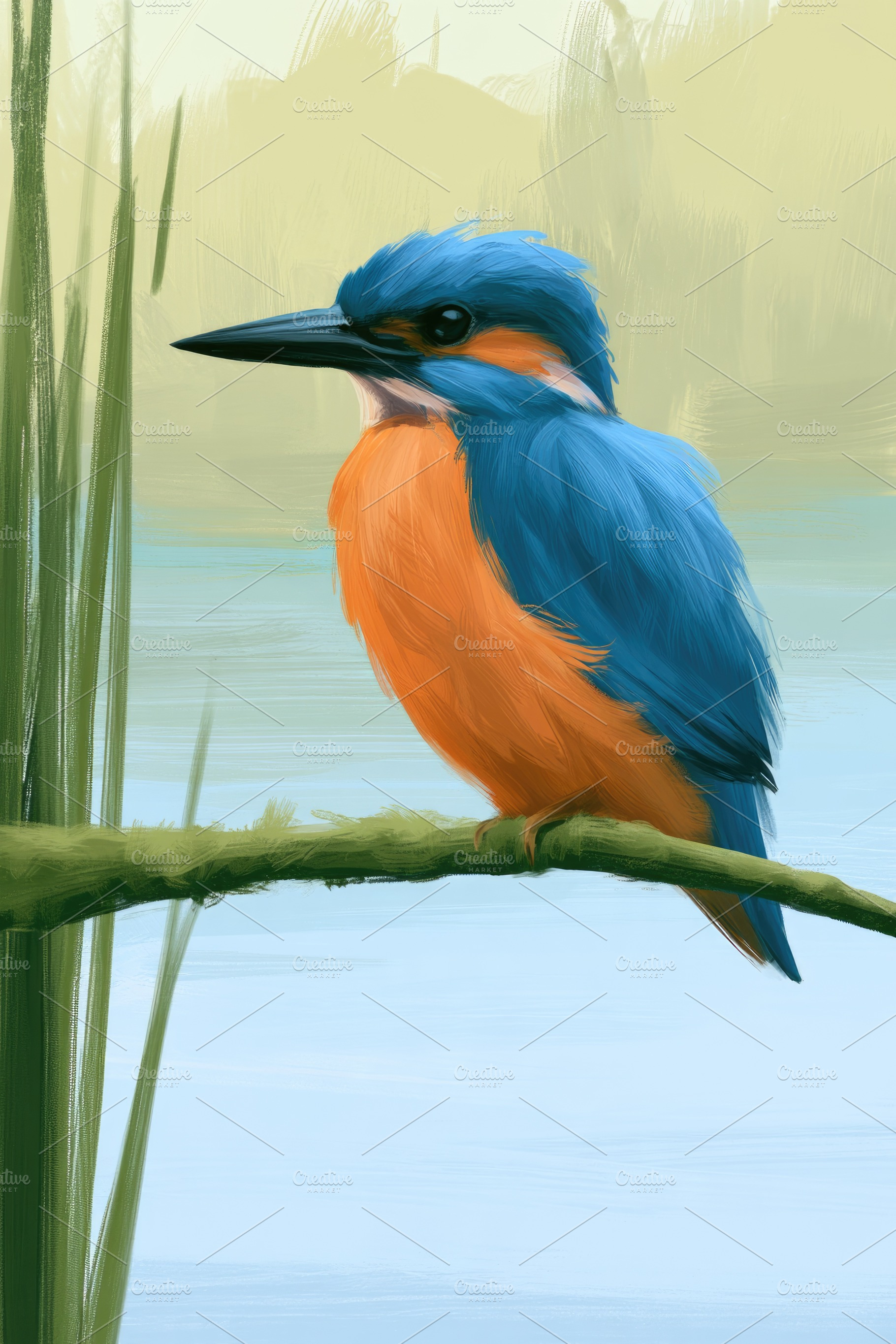 Common kingfisher perched on mossy branch watercolor illustratio, an Animal Photo by José Manuel Gelpi