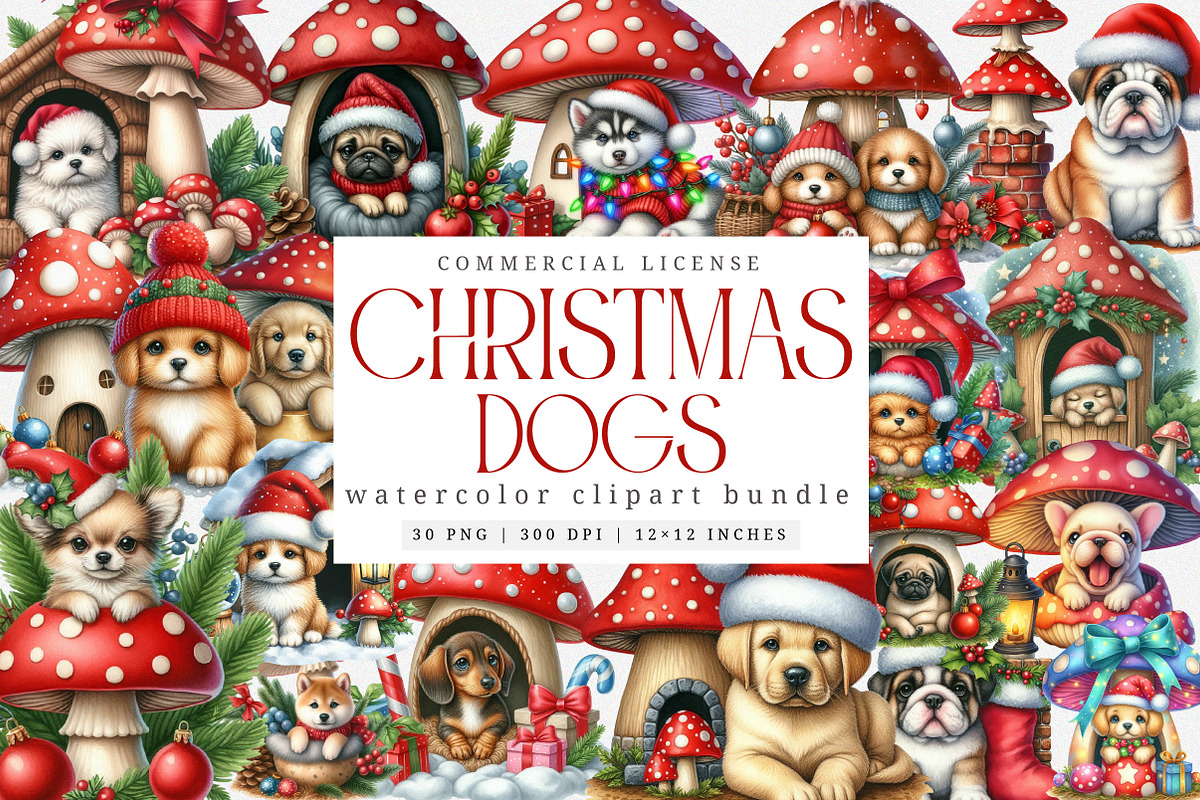Watercolor Christmas Dog Clipart, an Illustration by SinaCreation (Photo 1 of 7)