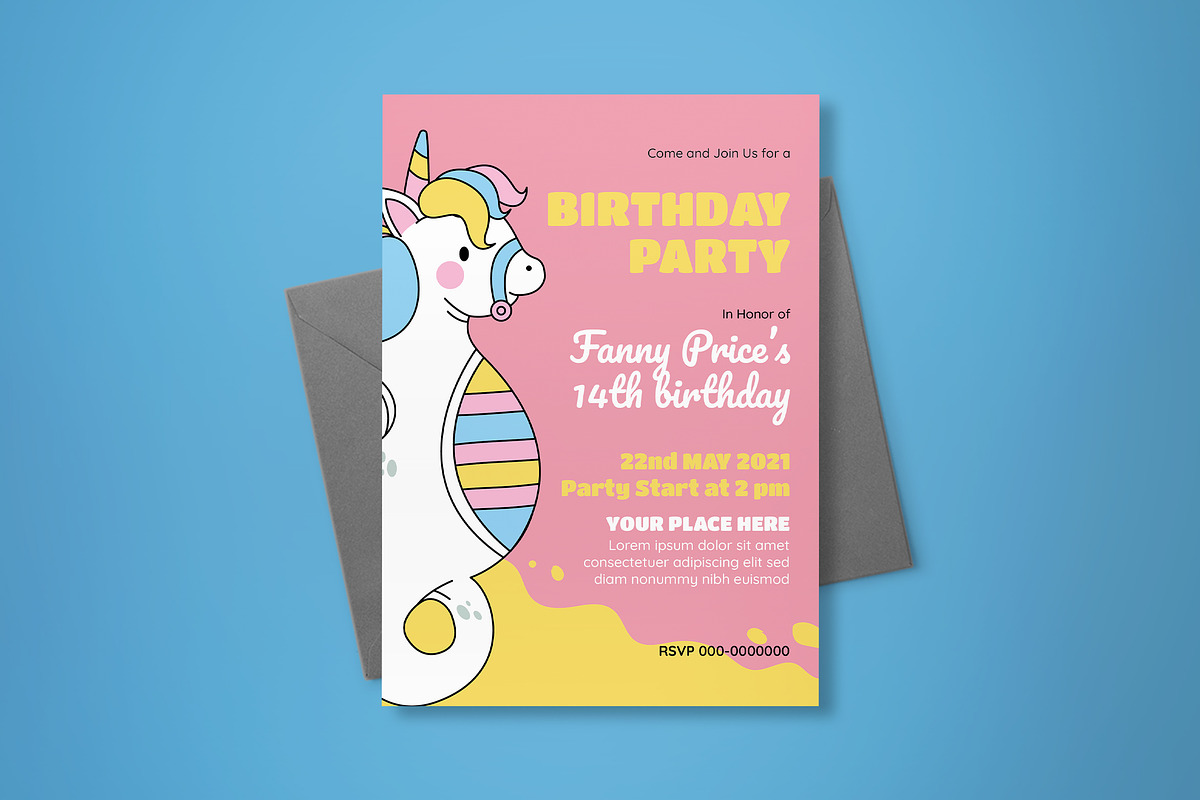 Unicorn Birthday Invitation, an Invitation Template by graphicook (Photo 2 of 3)