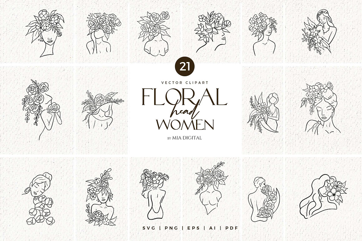 Floral Head Women SVG Cliparts, an Illustration by Mia Digital (Photo 1 of 6)