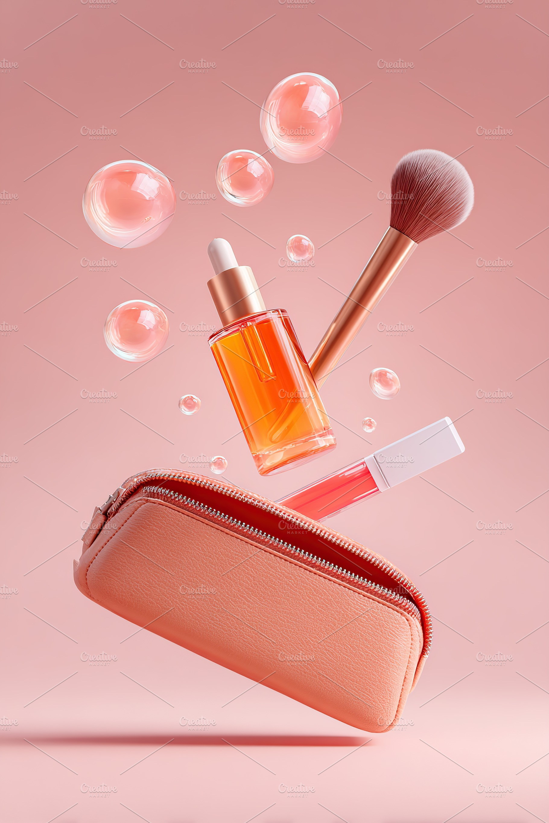 Floating blush brush and cosmetics above a peach-colored makeup bag on a pastel, a Beauty & Fashion Photo by AlyaAnd