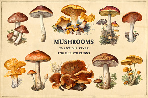 Antique mushrooms clipart set