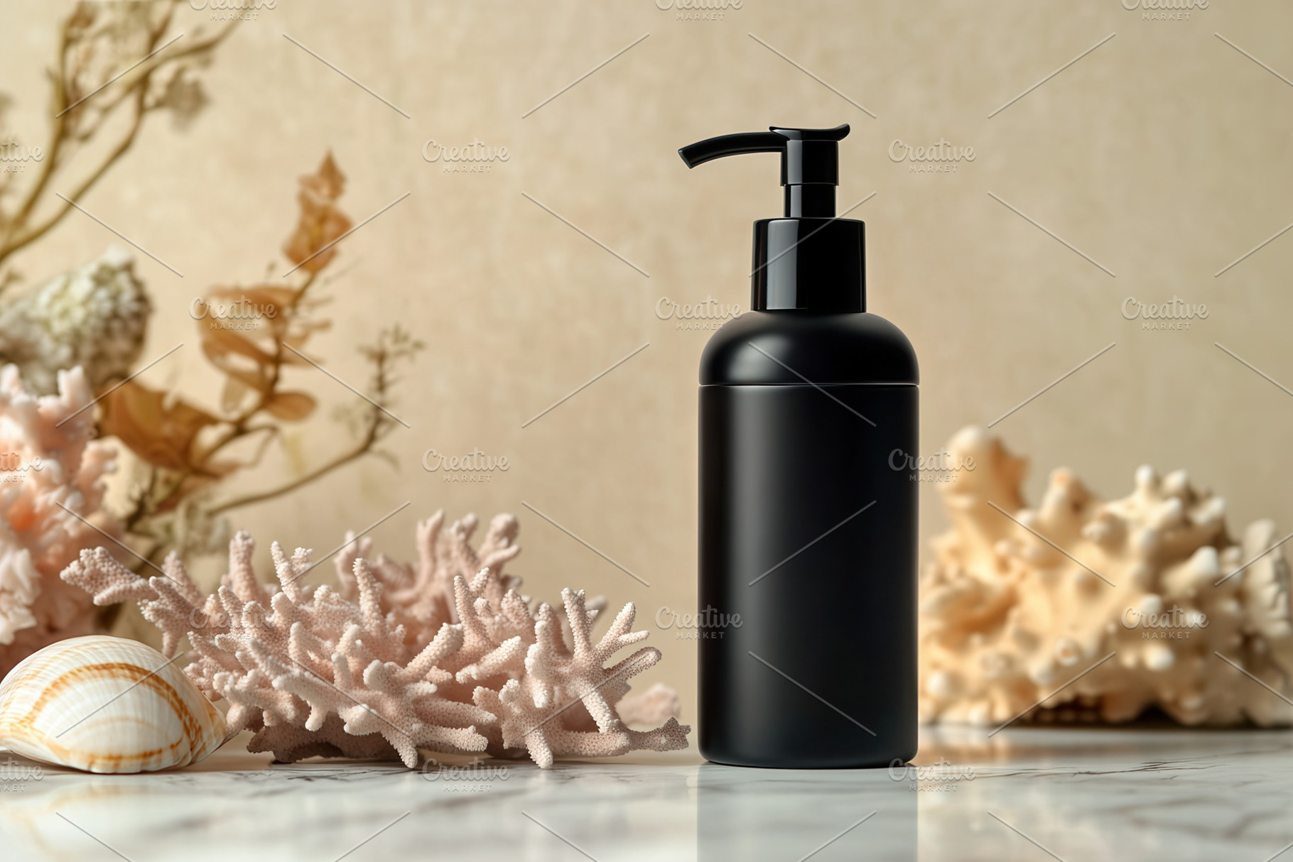 Black cosmetic pump bottle and coral, a Photo by Pavel_design