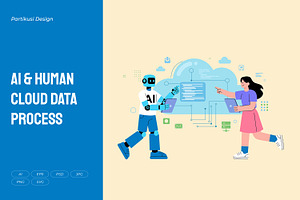 AI & Human Cloud Data Process, a Technology Illustration by Partikusi Design