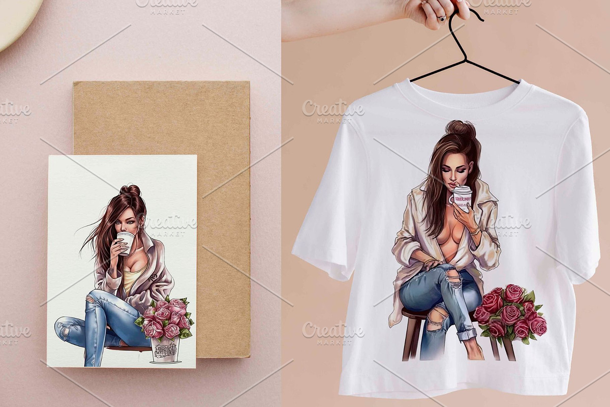 8 Watercolor Coffee Fashion Girl PNG, a Decorative Illustration by Jalina Clipart Studio (Photo 7 of 7)