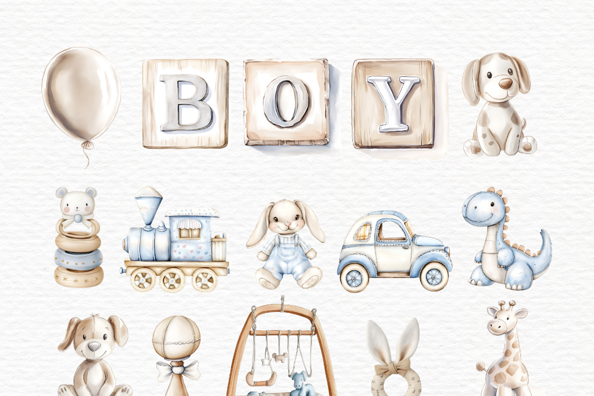 Watercolor baby boy toy blue clipart, a Decorative Illustration by Invite to Clipart (Photo 2 of 7)