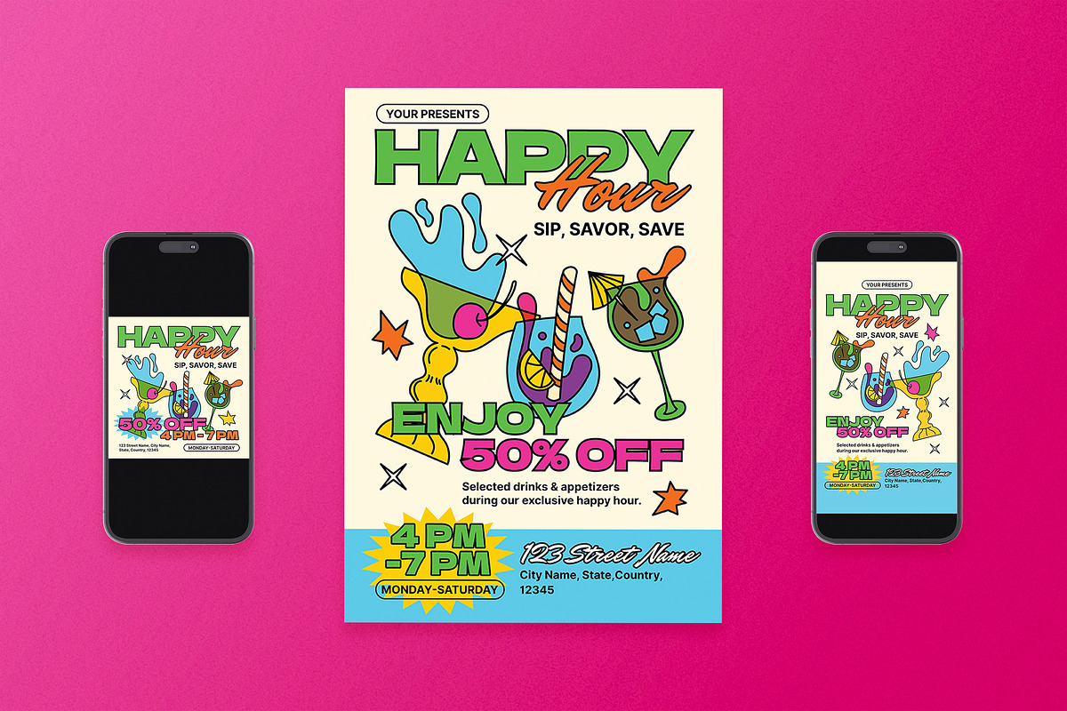 Retro Happy Hour Flyer Set, a Flyer Template by Aiyari Graphic (Photo 1 of 3)