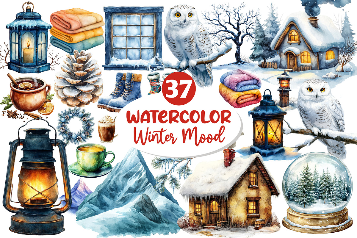 Winter Mood Watercolor Clipart, an Illustration by Dream Creation (Photo 1 of 6)
