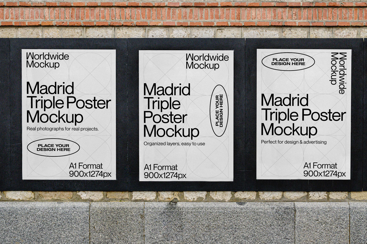 Madrid Triple Poster Mockup, an Advertising Mockup by Worldwide Mockup