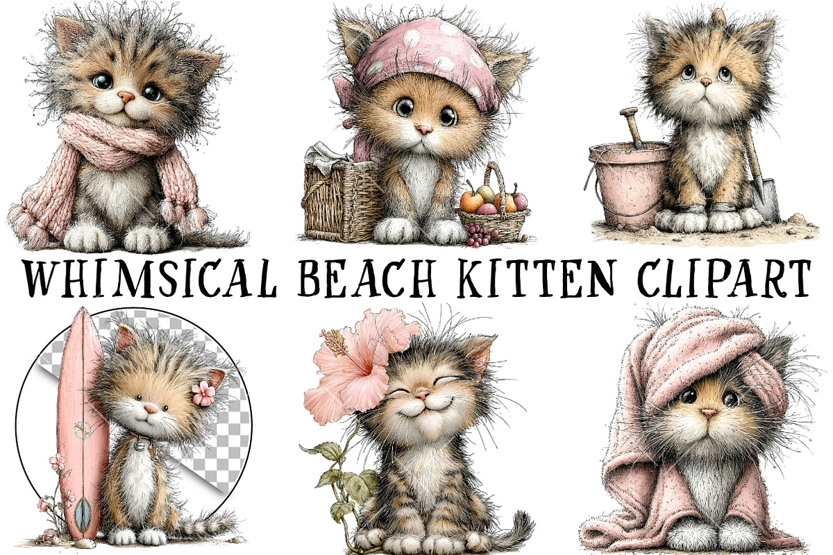 Whimsical Beach Kitten Clipart, an Illustration by OK Design (Photo 2 of 6)