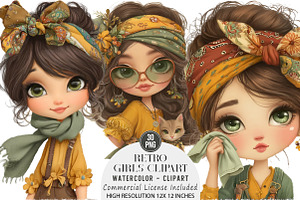 Retro Girls Clipart Bundle, an Illustration by DreamArtGraphic