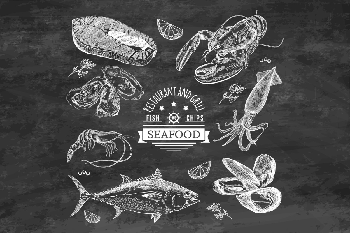 Seafood hand-drawn set, a Food Illustration by Irisimka