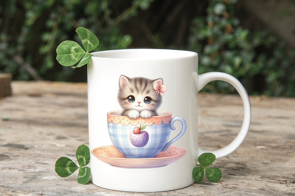 Watercolor Cute Kitten Teacup Clipar, an Illustration by CraftArtStudio (Photo 6 of 7)