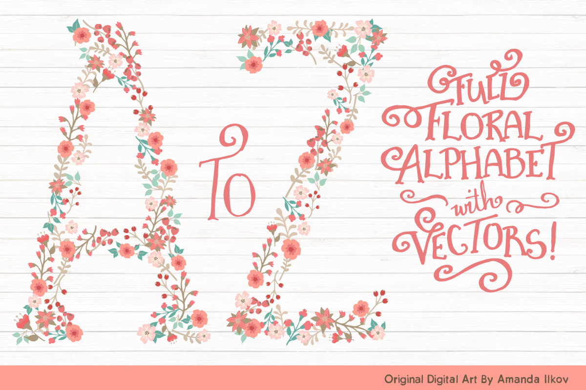 Mint & Coral Floral Alphabet Clipart, an Illustration by Amanda Ilkov (Photo 1 of 5)
