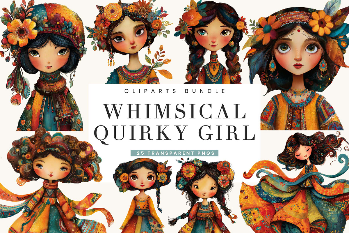 Whimsical Quirky Girl Clipart Bundle, a Person Illustration by BusyDaydesign (Photo 1 of 9)