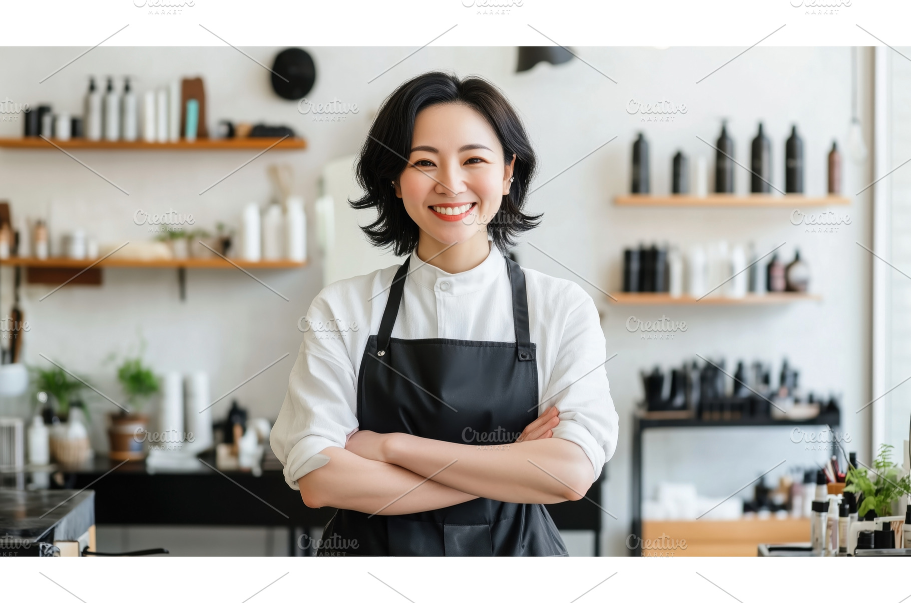 Asian female hair stylist smiling, a Person Photo by Sergey Kotenev