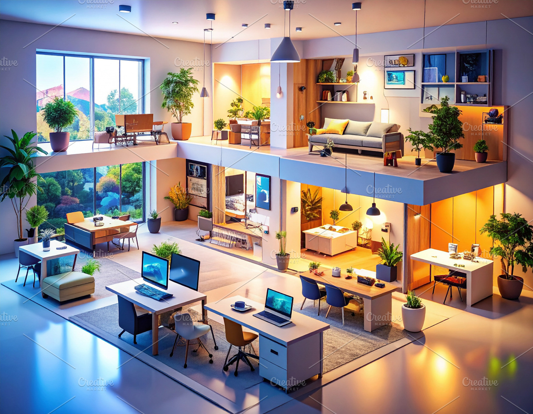 High angle of futuristic smart home with tech overlays, an Architecture Photo by DanFLCreativo