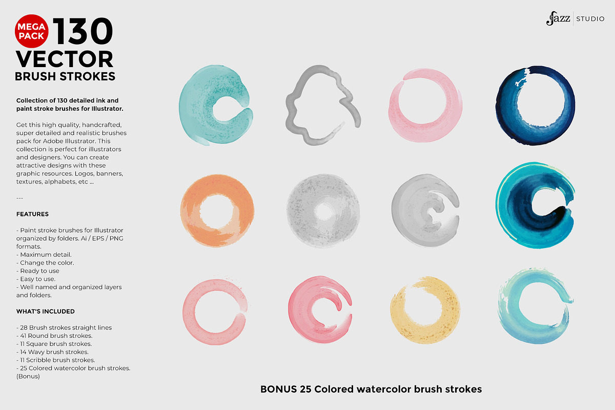 130 Vector Brush strokes collection., a Brushes & More by JAZZ STUDIO (Photo 12 of 12)